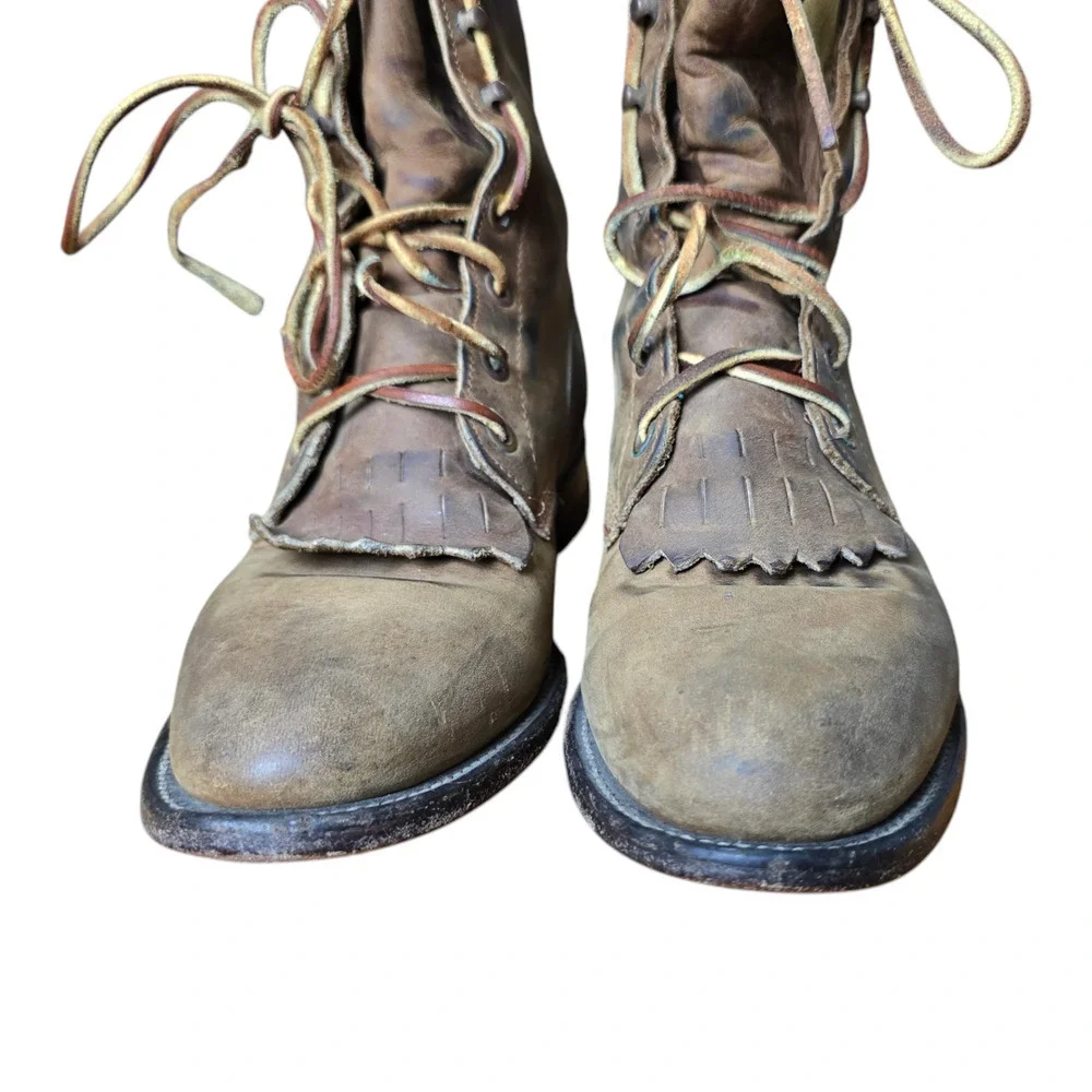 Vintage Tan Brown Leather Kilted Ankle Lace Up Boots Size 6 Justin distressed - Picture 4 of 8